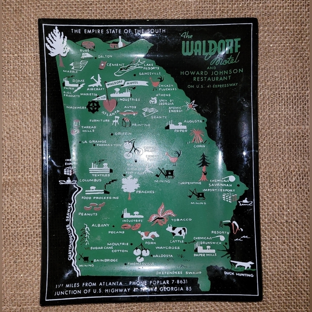 Vintage Atlanta Georgia Waldorf Motel Howard Johnson Advertising Glass Tray 1950